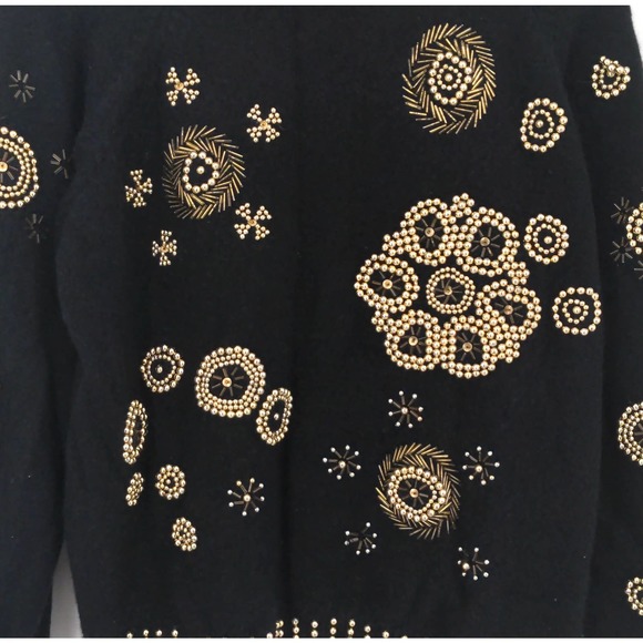 Vintage Lambs Wool Angora Rabbit Gold Beaded Sweater Floral Design Black Size L - Picture 2 of 7